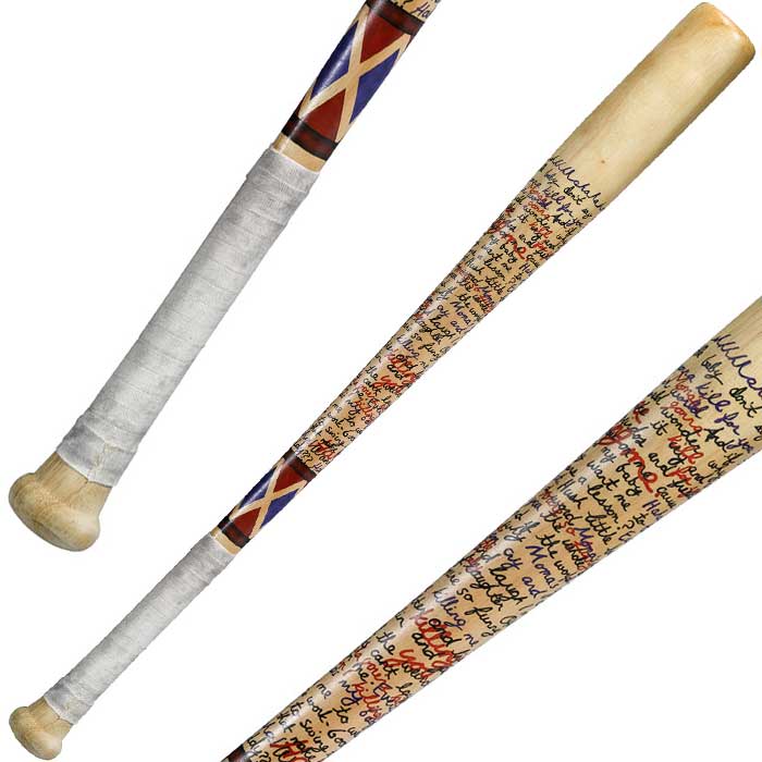 Harley Quinn's bat, close-up on the writing
