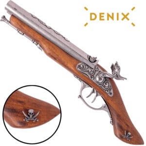 Réplique du grand pistolet pirate Denix à double barillet du XVIIIe siècle, finition bois et métal vieilli, 42 cm.