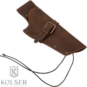 Holster western en cuir marron pour revolver Colt, modèle droitier Kolser, avec boucle métallique et lacets de fixation.
