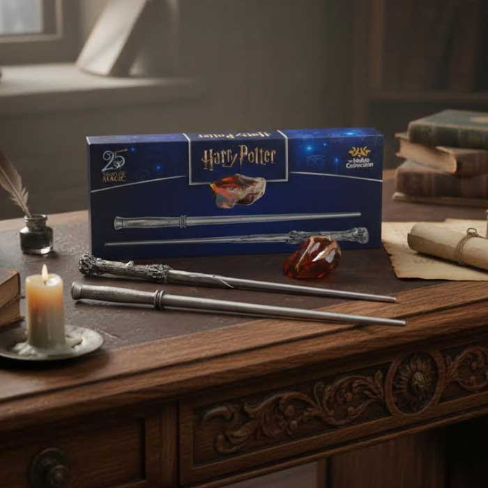 Coffret 25ans Harry Potter deux baguettes et pierre philosophale