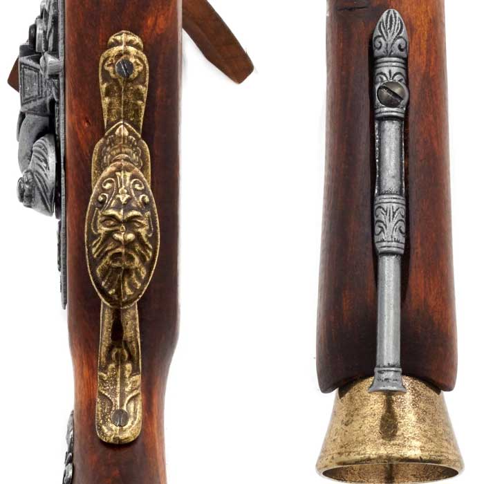 Tromblon-Autrichien-laiton-18ème-dessous-du-pistolet détail tige et visage
