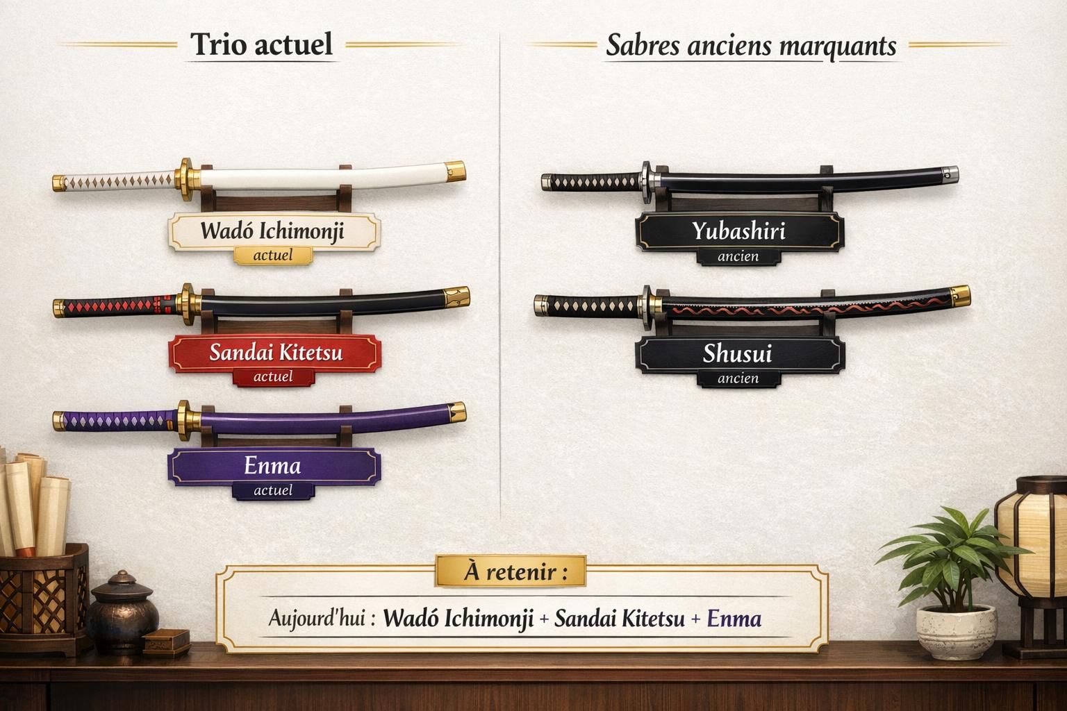 Zusammenfassende Infografik der Katanas von Roronoa Zoro in One Piece, aktuelles Trio und alte Schwerter, nützlich bei der Auswahl einer dekorativen Replik