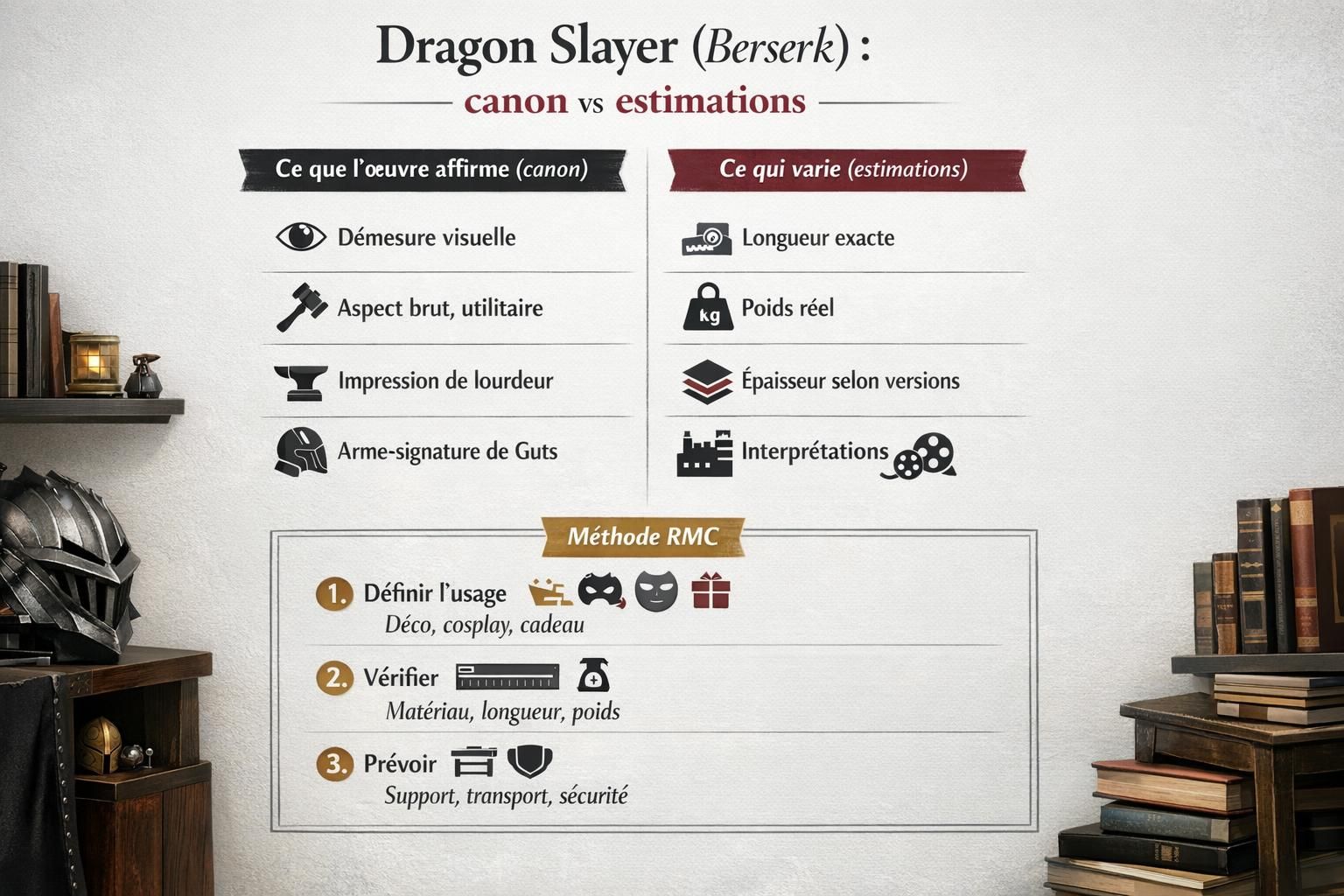 Kanonisches Schema vs. Schätzungen für die Dragon Slayer aus Berserk (Größe, Gewicht und Überprüfungsmethode)