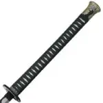 Katana Moonveil 143cm Elden Ring poignée bois recouverte d'une imitation peau de raie entouré d'une tresse en coton verte