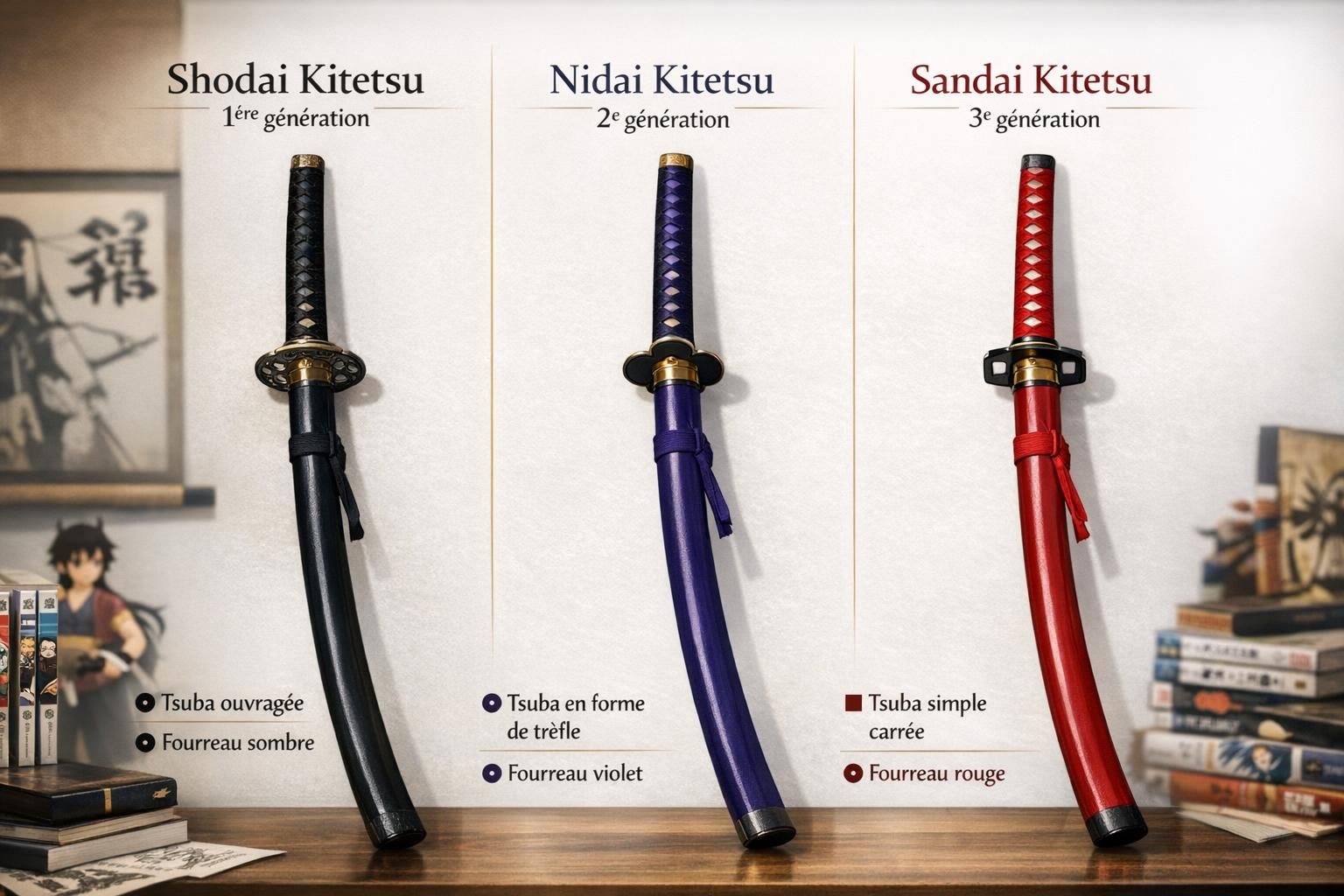 Comparison of the Kitetsu swords in One Piece: Shodai, Nidai, and Sandai, with markings on the hilts