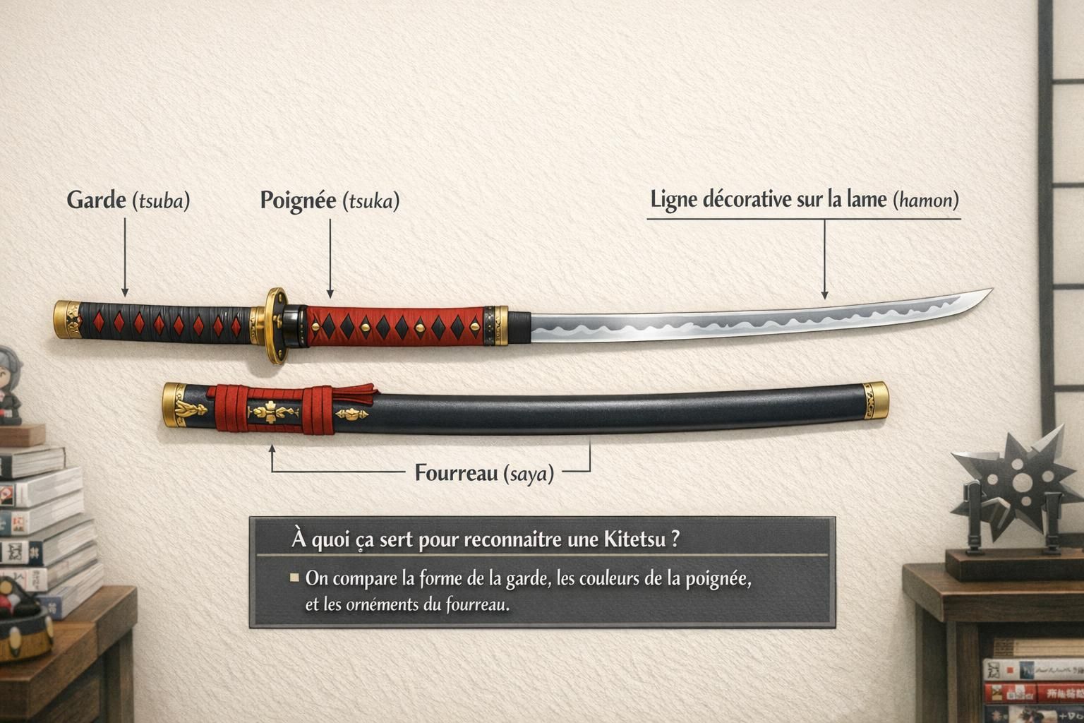 Schéma d’un katana décoratif indiquant garde, poignée, fourreau et hamon