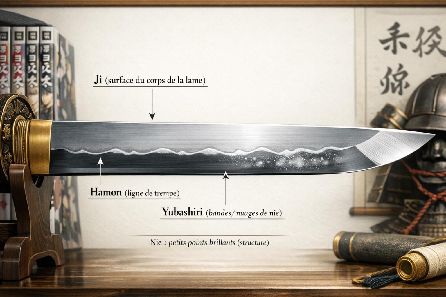 Schéma expliquant le terme yubashiri sur une lame de sabre japonais avec les zones ji et hamon