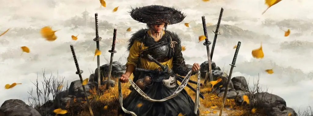 Ghost of Yōtei - Atsu surrounded by his katanas