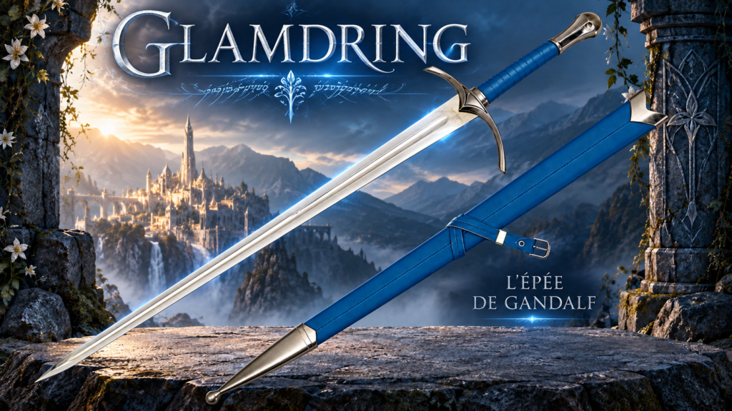 Glamdring, Gandalf's sword, in front of the elven city of Gondolin