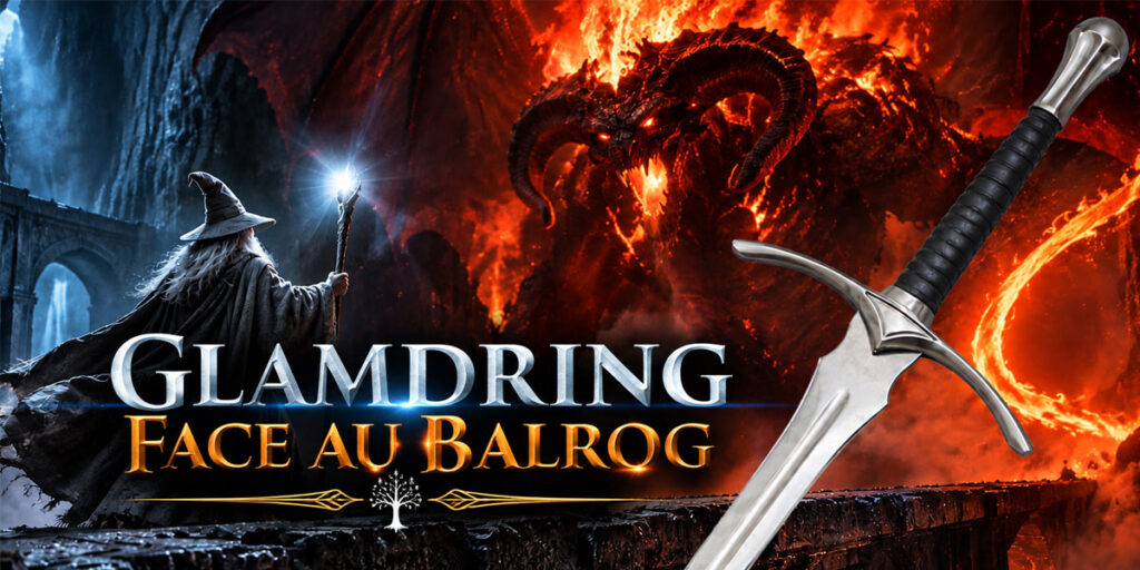 Gandalf with Glamdring facing the Balrog in Moria