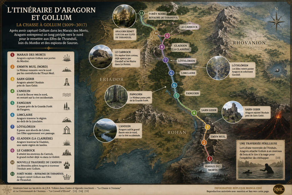 Carte de l'itinéraire d'Aragorn et Gollum des Marais des Morts à la Forêt Noire